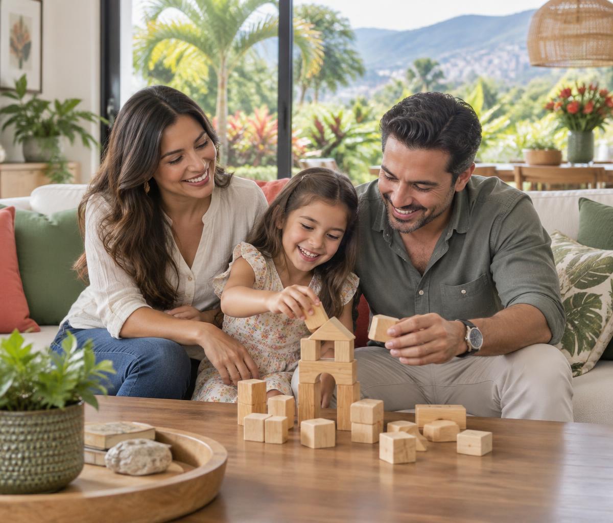 Familia compartiendo un momento en un hogar luminoso; imagen de ambientación